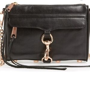 Rebecca Minkoff Black Crossbody Mini MAC Bag leather Purse with Gold Chain NEW
